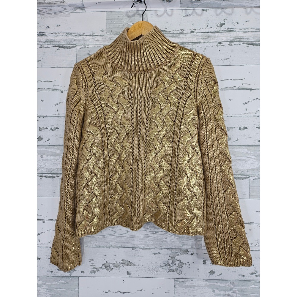Zara Gold Metallic Cable Knit Mock Neck Sweater Womens Medium Shiny Holiday
